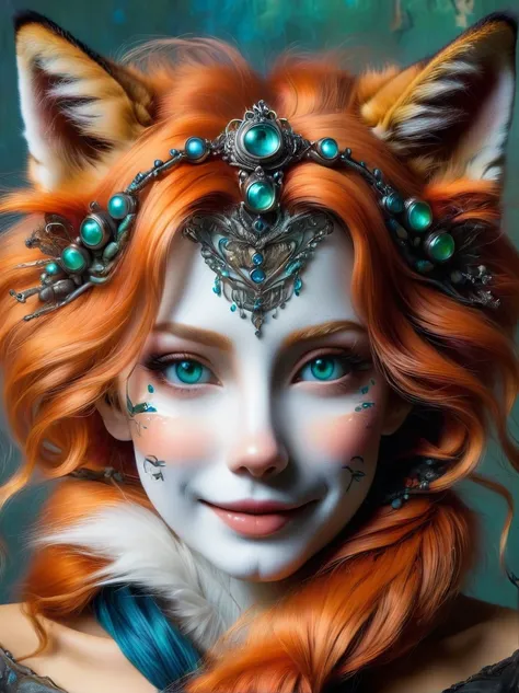 Create an intricate and highly detailed, ultra-high-definition masterpiece. It should be a photo-realistic and hyper-realistic, close-up portrait of a female furry foxs face, with blue eyes and green hair. In the portrait, the fox is looking at the camera ...