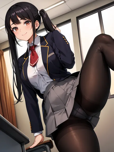 One Girl, Five Fingers, mini skirt, Looking down at the viewer, Twin tails, highest quality, Focus on the thighs, Dynamic pose, smile, blazer, blouse, Black Pantyhose, panties under pantyhose, Standing Split, classroom, Black Hair, Stylish pose,Thick thigh...