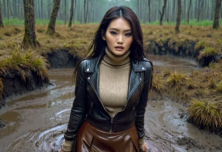 8k, ultra-detailed, grainy, masterpiece,vivid colors, muffled light, horror atmosphere:1.0, moody light:1.0, intensive dry-humping movements:1.4, brown turtleneck sweater, leather jacket, pencil skirt, looking towards,woman drowning in forest mud bog, long...