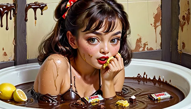 cute dainty japanese girl in bathroom, eating melting chocolate candy bar, chocolate all over her fingers and face, lemonade on ...