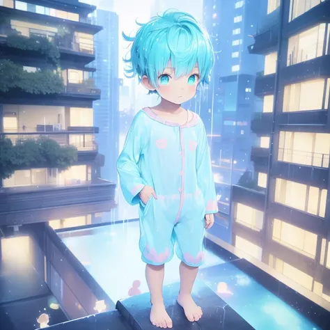 4K), little boy with cyan hair and green eyes and barefoot and wet oily white Onesie pajama small tiny feet, He sits on the edge of a roof, und betet, Nebel Licht, Impressionismus, 2D, (Dornen: 1.1), (toter Baum: 1.1) Focused on feet, feet pose