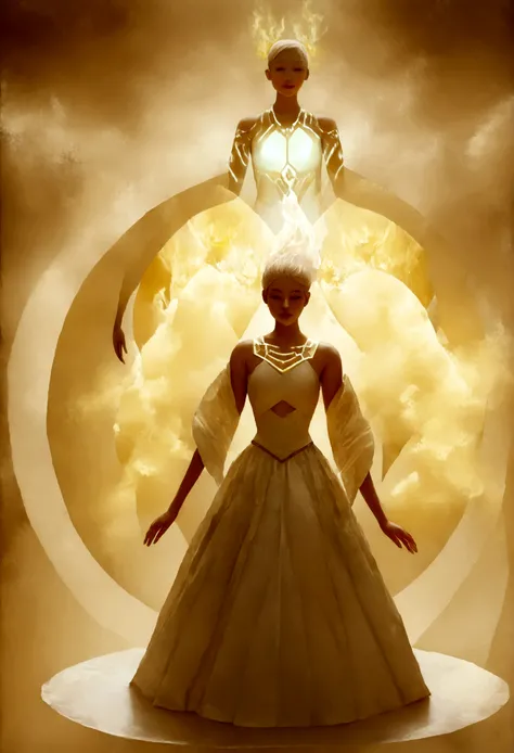 an image that presents three distinct elements representing different aspects of a being. To the left (a luminous, rotating shape with fiery, golden tones symbolizes the &#39;Spirit&#39;). No centro, (a silhouette that glows with a warm, ethereal light to ...