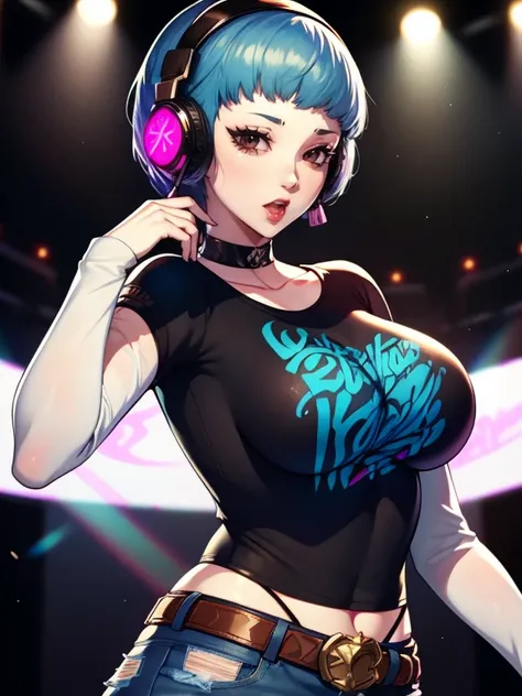 Marianne,earrings ,lipstick, eye shadow, makeup, 1girl, solo, black t-shirt, white shirt, blue jeans, belt, lipstick, large breasts, layered sleeves, sexy pose, holding a micrphone, singing, stage background, headphones