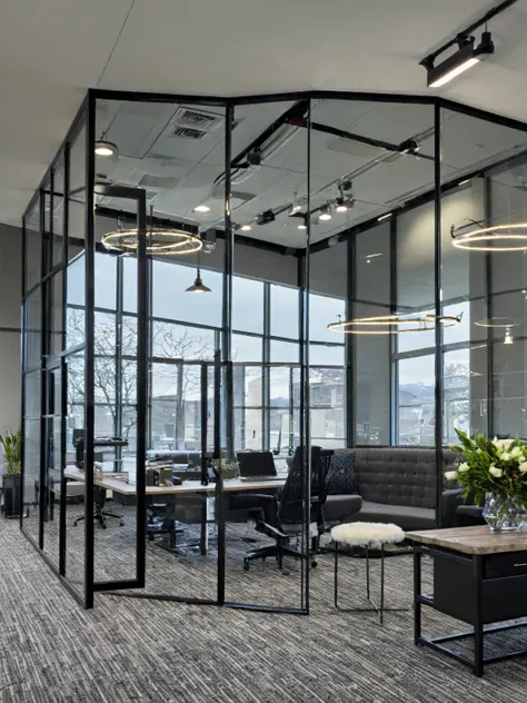 masterpiece , best quality, ((office)), office, indoors, window, chair, table, scenery, ceiling, , floor, glass wall, monitor, k...