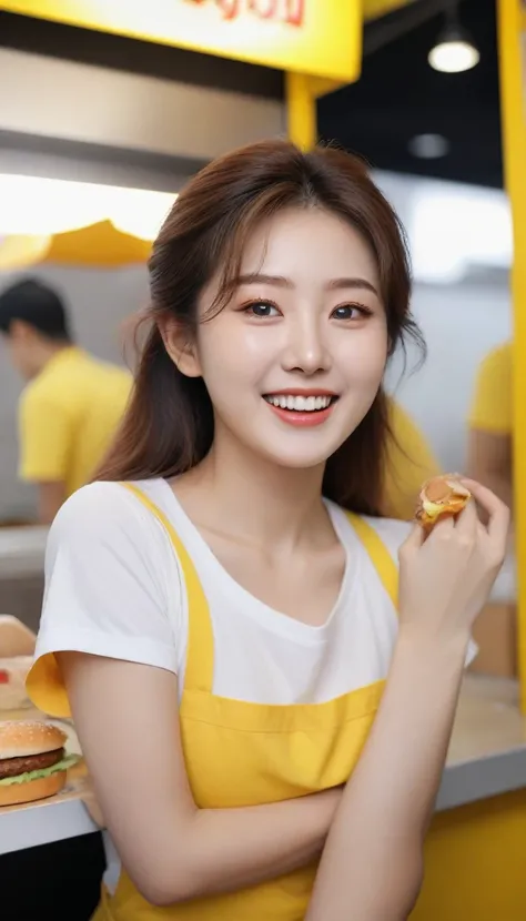 Close-up shot of beautiful korean female, 34 inch breasts size, excited expression face, black and yellow rolled sleeves t-shirt , holding  burger, at burger booth, UHD