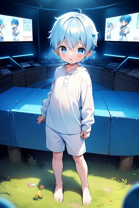 4k, (masterpiece:1), little boys with blue colored hair and shiny, glowing cyan eyes and bare feet, stand on the field, epic, ci...