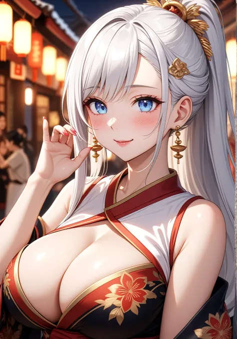 ((one personの女性)), Beautiful Face,Laugh shyly,Laughing with your mouth open,turn bright red,Glossy pink lips,night,Shrine festival stalls,((Anime style background)),masterpiece, highest quality, so beautiful, up to date, Complex details, (Pink long nails),...