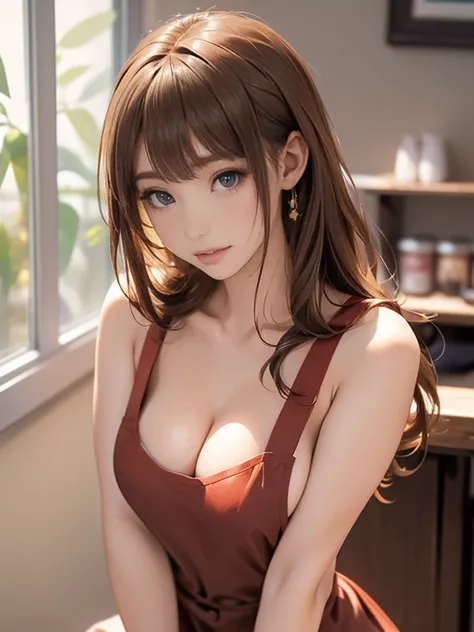 Photo Quality、Masterpiece、((Coffee shop、Detailed Background))(30 year old adult woman、Very cute face、Baby Face、round face、Big Eyes、Double、Natural Makeup、Golden ratio proportions)(Blushing、Embarrassed face)(Moist eyes)(long hair、Brown Hair)((Naked and weari...