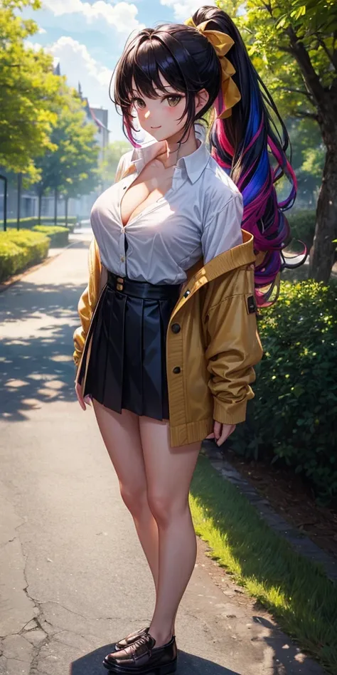 1girl, full body, solo, summer, village, trees, sun, clouds, ((colorful hair)), long hair, curly hair, ponytail, large breasts, ((black blazer)), button down shirt, ((white shirt)), ((short sleeved shirt)), ((unbuttoned shirt)), unbuttoning buttons, cleava...