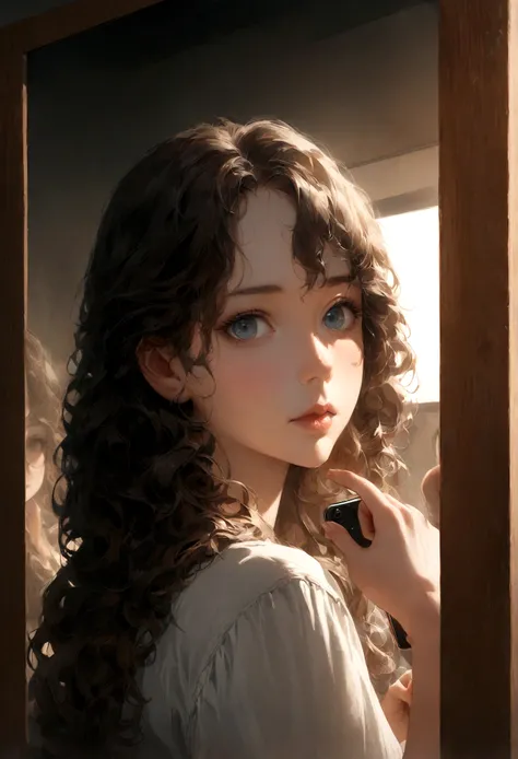 Teenage girl in front of a mirror with an iPhone who takes a photo with French features, Peau blanche avec des taches de rousseur sur le visage, Brown and wavy hair. Avec des yeux d&#39;un bleu profond.,8k.Tout le corps. jupe  debout  (A hyper realistic) (...