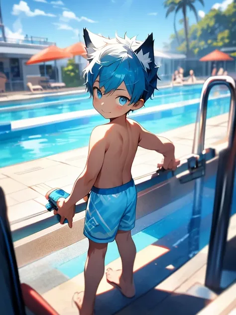 Shota，Blue-colored hair，Wolf ears，toddlers，Blue eyes， Q version， adolable， standing on your feet， Master masterpieces， A high resolution，8K，detailedbackground，high high quality，Libido boy，solo，swimming trunks，sandbeach，Happy expression，water gun