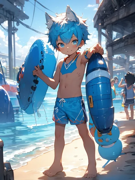 Shota，Blue-colored hair，Wolf ears，toddlers，Blue eyes， Q version， adolable， standing on your feet， Master masterpieces， A high resolution，8K，detailedbackground，high high quality，Libido boy，solo，swimming trunks，sandbeach，Happy expression，water gun