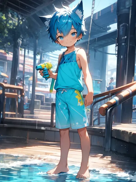 Shota，Blue-colored hair，Wolf ears，toddlers，Blue eyes， Q version， adolable， standing on your feet， Master masterpieces， A high resolution，8K，detailedbackground，high high quality，Libido boy，solo，swimming trunks，sandbeach，Happy expression，water gun