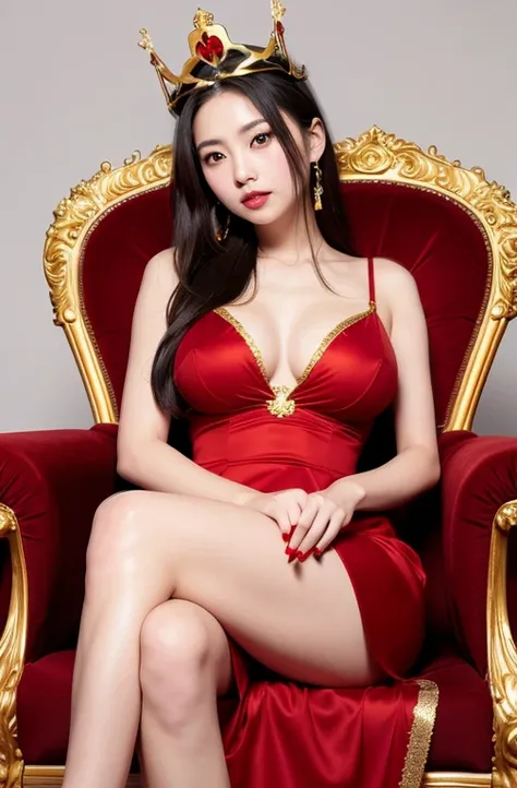 She is a Japanese woman sitting cross-legged on a golden throne.、She has very large breasts、She is wearing a red dress and a crown