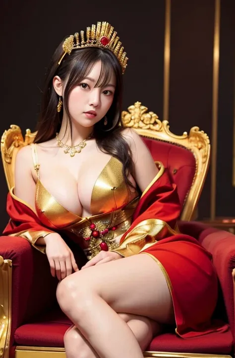 She is a Japanese woman sitting cross-legged on a golden throne.、She has very large breasts、She is wearing a red dress and a crown