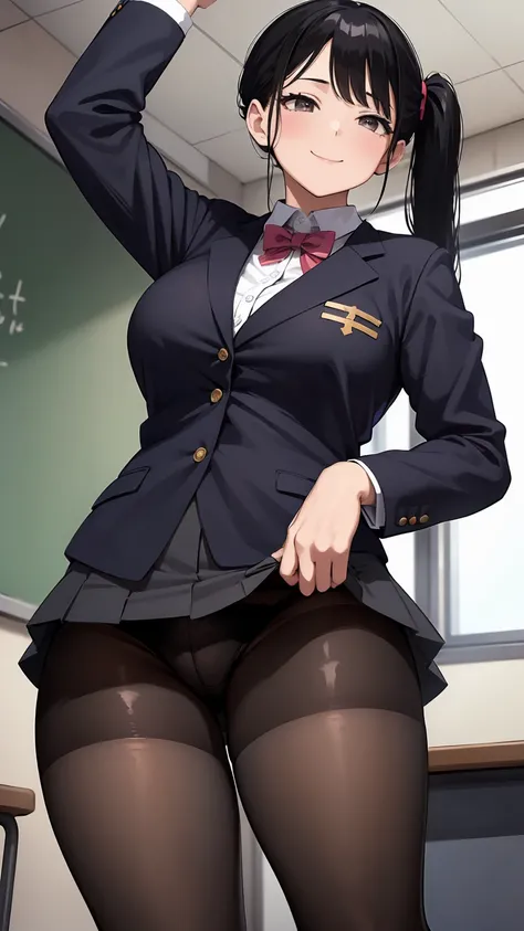 One Girl, Five Fingers, mini skirt, Looking down at the viewer, Twin tails, highest quality, Focus on the thighs, Dynamic pose, smile, blazer, blouse, Black Pantyhose, panties under pantyhose, Standing Split, classroom, Black Hair, Stylish pose,Thick thigh...