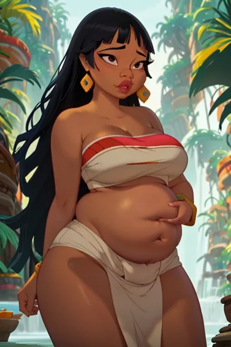 (Masterpiece), (best quality), (detailed), 1girl, (Chel from road to el dorado), Chel getting very fat, shocked by her weight gain, red face, embarassment, HUGE belly, stuffee belly, super bloated