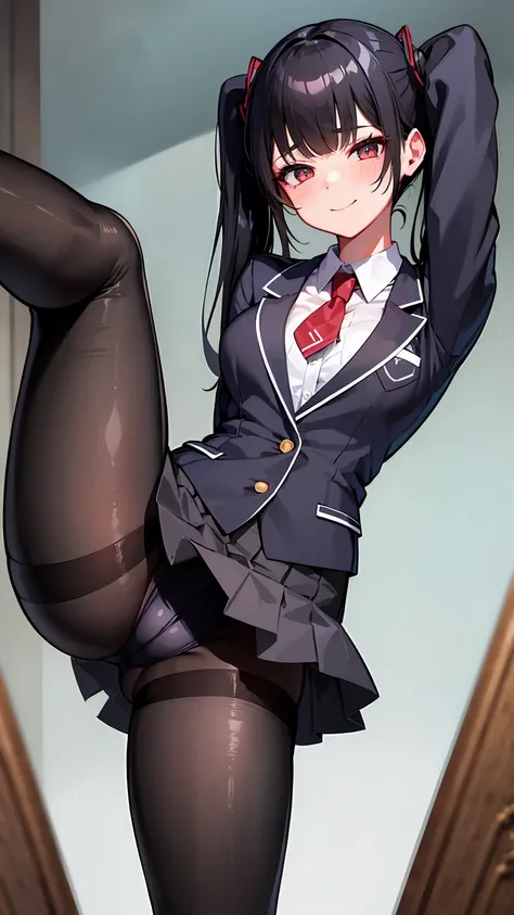 One Girl, Five Fingers, mini skirt, Looking down at the viewer, Twin tails, highest quality, Focus on the thighs, Dynamic pose, smile, blazer, blouse, Black Pantyhose, panties under pantyhose, Standing Split, classroom, Black Hair, Stylish pose,Thick thigh...