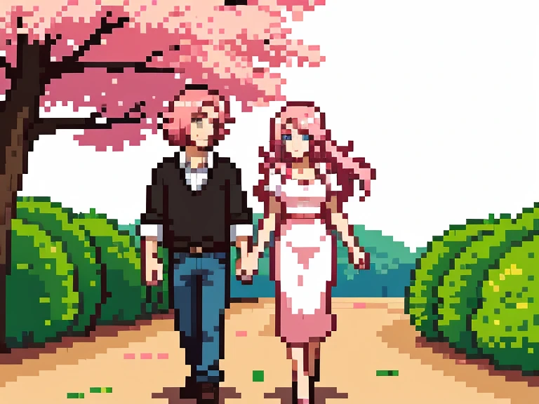 Beautiful woman with light pink hair walking hand in hand with man. Homem tem cabelo loiro. Background is a park with beautiful trees and flying leaves 