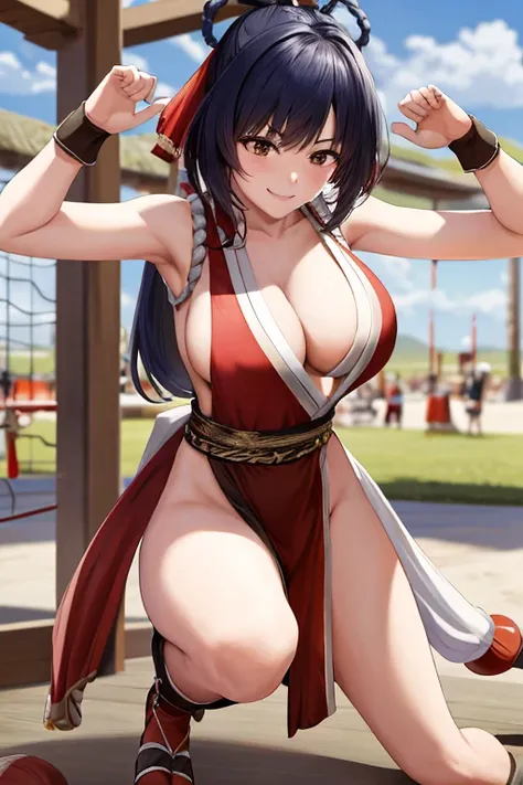 masterpiece, best quality, beautiful art, high resolution, well formed hands, body and fingers, 1 woman, solo, Xiangling , grown up , adult, hair ribbon,big breasted, cleavage, full body, long hair, hair ornament gorgeous legs and thighs, cosplaying as Mai...