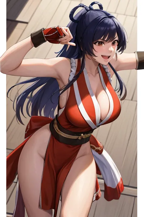 masterpiece, best quality, beautiful art, high resolution, well formed hands, body and fingers, 1 woman, solo, Xiangling , grown up , adult, hair ribbon,big breasted, cleavage, full body, long hair, hair ornament gorgeous legs and thighs, cosplaying as Mai...