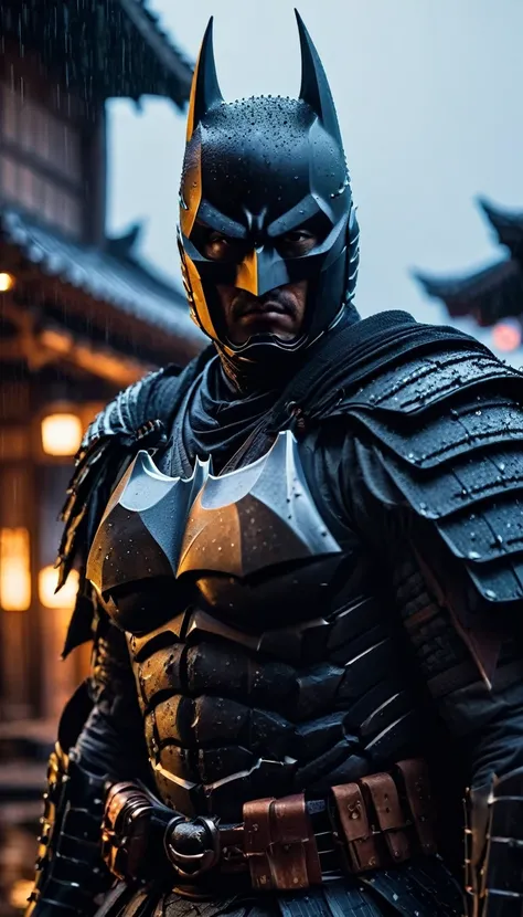 HD Portrait, 8K, a batman transform to samurai, ((Kabuto)), Take a sword, in Ghost town, evening, Epic detailed, ultra sharp, intricate armor details, style, flash shot, ((horror scfi)), smog, rainy weather, dramatic lighting, The atmosphere looks real, Fu...