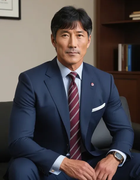 1man, japanese dilf, vice principal, 50yo, black hair, short hair, center parted bangs, handsome, smart ellipse face, middle-muscular, beautiful detailed eyes, dandy, gentle, ikemen, baby face, BREAK solo, business suit, sitting on sofa, wideshot, intervie...