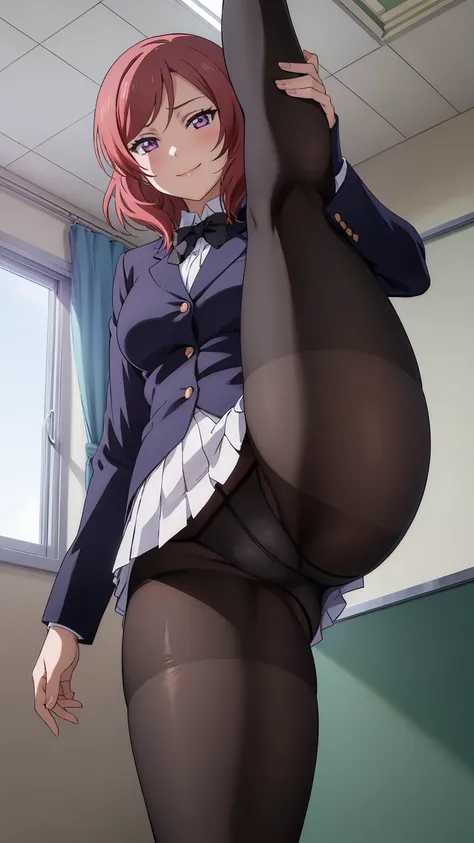 Maki Nishikino、One Girl, Five Fingers, mini skirt, Looking down at the viewer, highest quality, Focus on the thighs, Dynamic pose, smile, blazer, blouse, Black Pantyhose, panties under pantyhose, Standing Split, classroom, Black Hair, Stylish pose,Thick th...