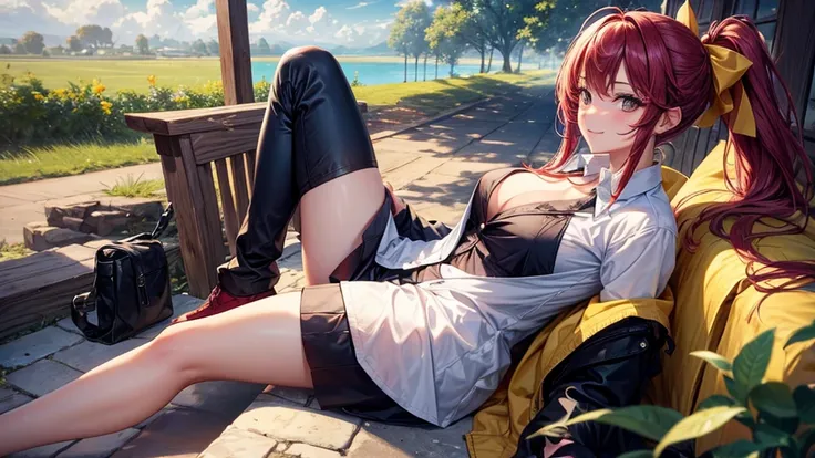 1girl, ((full body)), solo, summer, village, trees, sun, clouds, ((colorful hair)), long hair, curly hair, ponytail, large breasts, ((black blazer)), button down shirt, ((white shirt)), ((short sleeved shirt)), ((unbuttoned shirt)), unbuttoning buttons, cl...