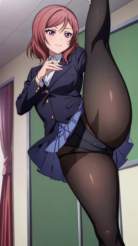 Maki Nishikino、One Girl, Five Fingers, mini skirt, Looking down at the viewer, highest quality, Focus on the thighs, Dynamic pose, smile, blazer, blouse, Black Pantyhose, panties under pantyhose, Standing Split, classroom, Black Hair, Stylish pose,Thick th...