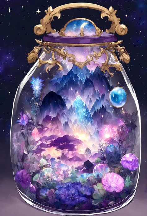 purple and blue floral design on a clear glass container, graphic of enchanted terrarium, mythical floral hills, concept art magical highlight, fantasy sticker illustration, dreamscape in a jar, magical glow, ✨🕌🌙, omori, crystal forest, magically glowing, ...