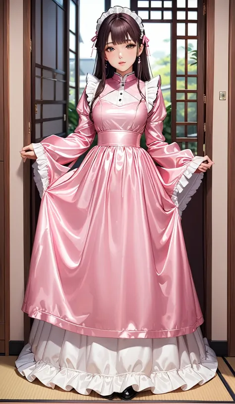 (masterpiece,highest quality,超A high resolution),Japanese women, (((Very beautiful 25 year old girl))), pretty girl、The dress completely covers the whole body.、(Shiny pink long sleeve maid dress)、High-necked shirt、Long skirt