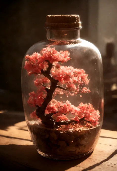 Dreamy art tree in bottle, fluffy, realistic, photo, canon, dreamy, art, colorful leaves and branches, flowers blooming on the head. Ultra-detailed photorealism by Greg Rutkowski - H 1024 W 804 | f1 6 lens mark 2:2 s 3555mm film grain: 1 lifelike high reso...