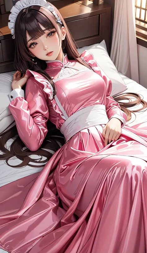 (masterpiece,highest quality,超A high resolution),Japanese women, (((Very beautiful 25 year old girl))), pretty girl、The dress completely covers the whole body.、(Shiny pink long sleeve maid dress)、High-necked shirt、Long skirt