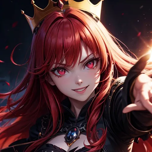 Blood-eyed Princess of Darkness, Redhead, Crown, Wicked Smile, Anime Style, Lens flare, High detail, First Person View, Cinema Lighting, masterpiece, Super detailed, highest quality, 8k, Ultra-high resolution