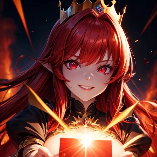 Blood-eyed Princess of Darkness, Redhead, Crown, Wicked Smile, Anime Style, Lens flare, High detail, First Person View, Cinema Lighting, masterpiece, Super detailed, highest quality, 8k, Ultra-high resolution