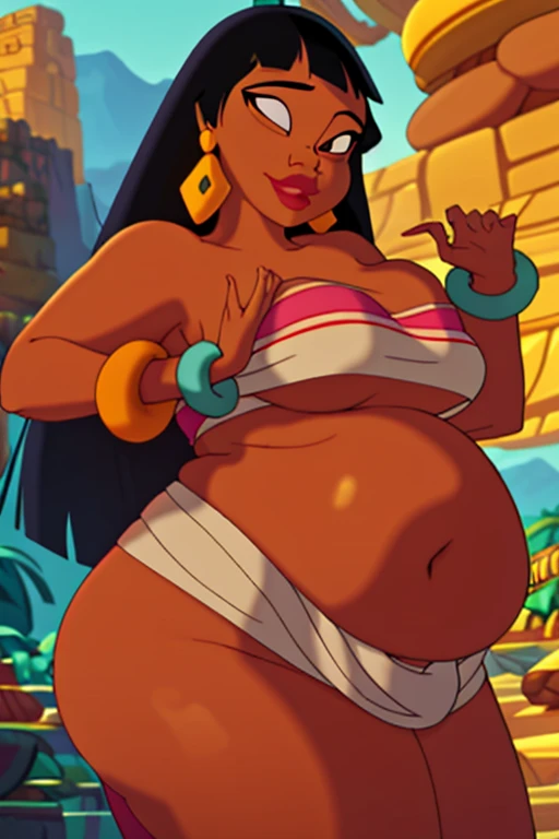 (Masterpiece), (best quality), (detailed), 1girl, (Chel from road to el dorado), Chel grabbing her squishy belly, super wide hips, fat belly