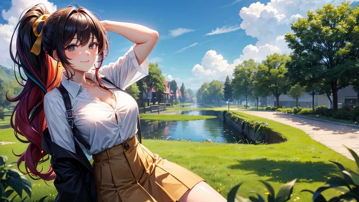 1girl, solo, summer, village, trees, sun, clouds, ((colorful hair)), long hair, curly hair, ponytail, large breasts, ((black blazer)), button down shirt, ((white shirt)), ((short sleeved shirt)), ((unbuttoned shirt)), unbuttoning buttons, cleavage 1:3, bro...