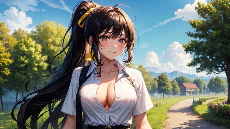 1girl, solo, summer, village, trees, sun, clouds, ((colorful hair)), long hair, curly hair, ponytail, large breasts, ((black blazer)), button down shirt, ((white shirt)), ((short sleeved shirt)), ((unbuttoned shirt)), unbuttoning buttons, cleavage 1:3, bro...