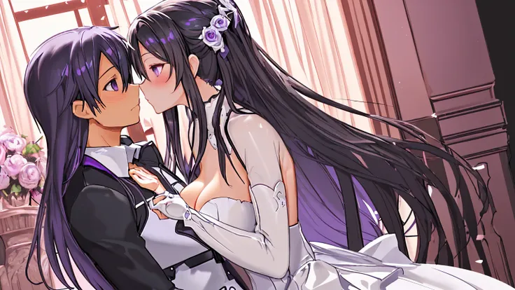 Kirito and Asuna black wedding dress purple eyes blush two people standing in the wedding hall looking at each other kiss big breasts breast enlargement illustration, ultra-detailed, HDR, vibrant colors, soft lighting