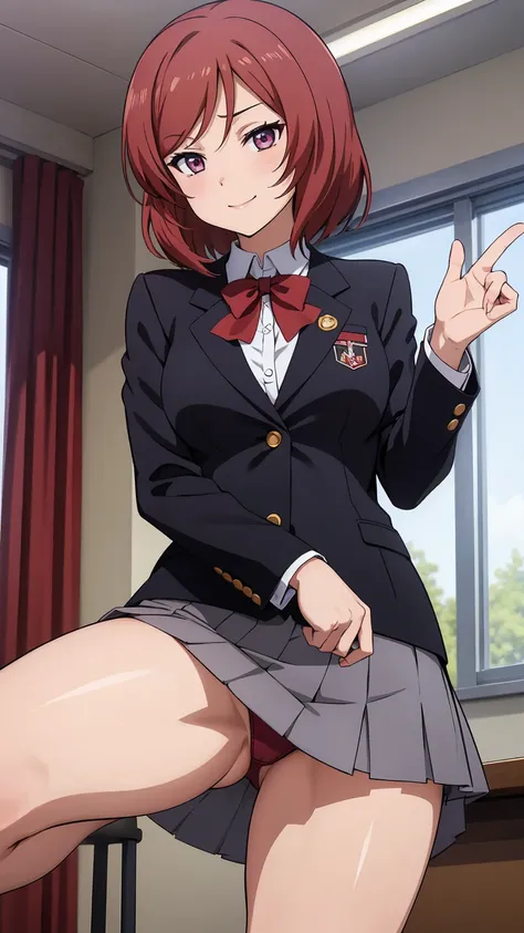 Maki Nishikino、One Girl, Five Fingers, mini skirt, Looking down at the viewer, highest quality, Focus on the thighs, Dynamic pose, smile, blazer, blouse, Embroidered panties, Standing Split, classroom, Black Hair, Stylish pose,Thick thighs、My crotch is ste...