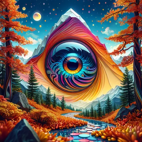 Portrait of Fractal quilled eyeballs, transparent ball, under a mountain. swirly sky, digital illustration, painting, quilling, mosaic, psychedelic art, super-detailed geometric patterns, symmetrical design, hypnotic effect, weird art, fantasy, autumn fore...