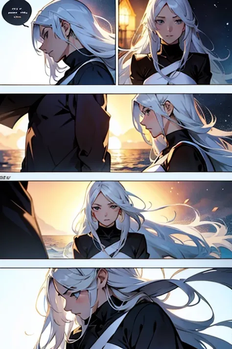 Girl with long white hair, romantic scenes, manga page with panels and dialogue 