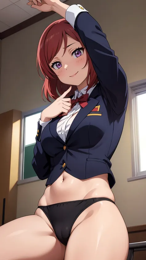 Maki Nishikino、One Girl, Five Fingers, mini skirt, Looking down at the viewer, highest quality, Focus on the thighs, Dynamic pose, smile, blazer, blouse, Embroidered panties, Standing Split, classroom, Black Hair, Stylish pose,Thick thighs、My crotch is ste...