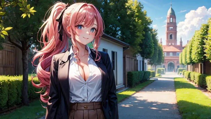 1girl, solo, summer, village, trees, sun, clouds, ((colorful hair)), long hair, curly hair, ponytail, large breasts, ((black blazer)), button down shirt, ((white shirt)), ((short sleeved shirt)), ((unbuttoned shirt)), unbuttoning buttons, cleavage 1:3, bro...