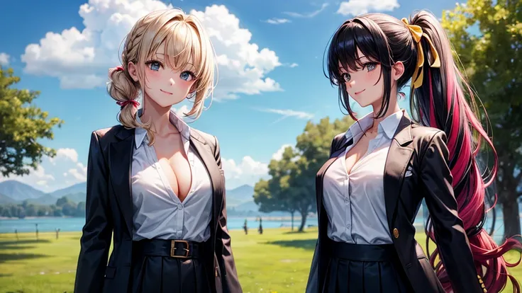 1girl, solo, summer, village, trees, sun, clouds, ((colorful hair)), long hair, curly hair, ponytail, large breasts, ((black blazer)), button down shirt, ((white shirt)), ((short sleeved shirt)), ((unbuttoned shirt)), unbuttoning buttons, cleavage 1:3, bro...