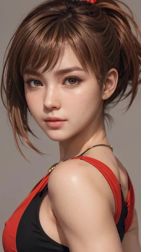 Kasumi, brown eyes, (best quality, ultra-detailed), (realistic:1.37), beautiful and detailed face, ultra-realistic texture, delicate face, delicate body, red lipstick, bright colors. High definition, 8K, well defined legs