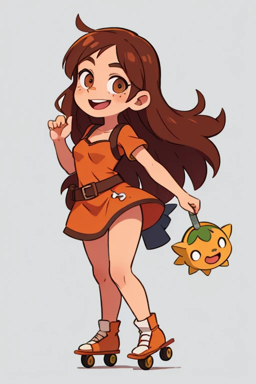 Young woman, with brown hair, Brown eyes, Medieval dress, freckles on the face, roller Skates, loves sunflowers, smiling, standing posture, Character Sheet, different angles