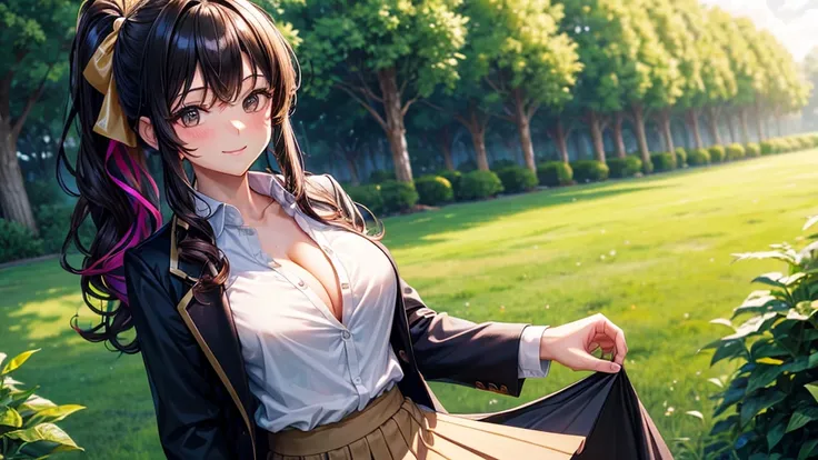 1girl, solo, summer, village, trees, sun, clouds, ((colorful hair)), long hair, curly hair, ponytail, large breasts, ((black blazer)), button down shirt, ((white shirt)), ((short sleeved shirt)), ((unbuttoned shirt)), unbuttoning buttons, cleavage 1:3, bro...