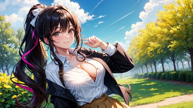 1girl, solo, summer, village, trees, sun, clouds, ((colorful hair)), long hair, curly hair, ponytail, large breasts, ((black blazer)), button down shirt, ((white shirt)), ((short sleeved shirt)), ((unbuttoned shirt)), unbuttoning buttons, cleavage 1:3, bro...